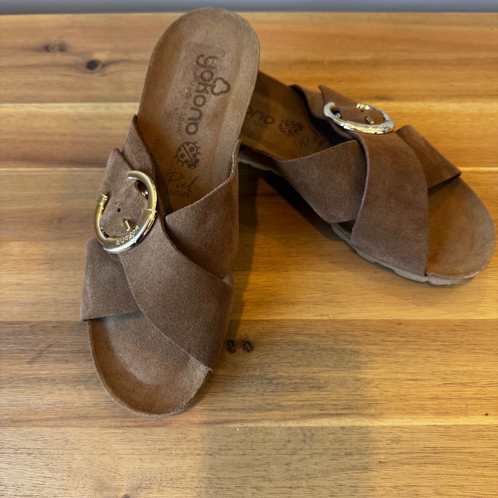 Yokono Ibiza Women 7.5 Brown Suede Buckle Slide Sandal Spain Comfort Boho Casual
